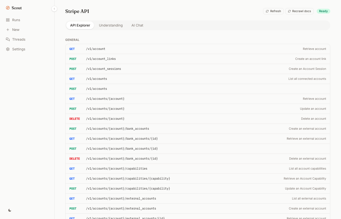 API Explorer listing every real Stripe endpoint from the imported spec
