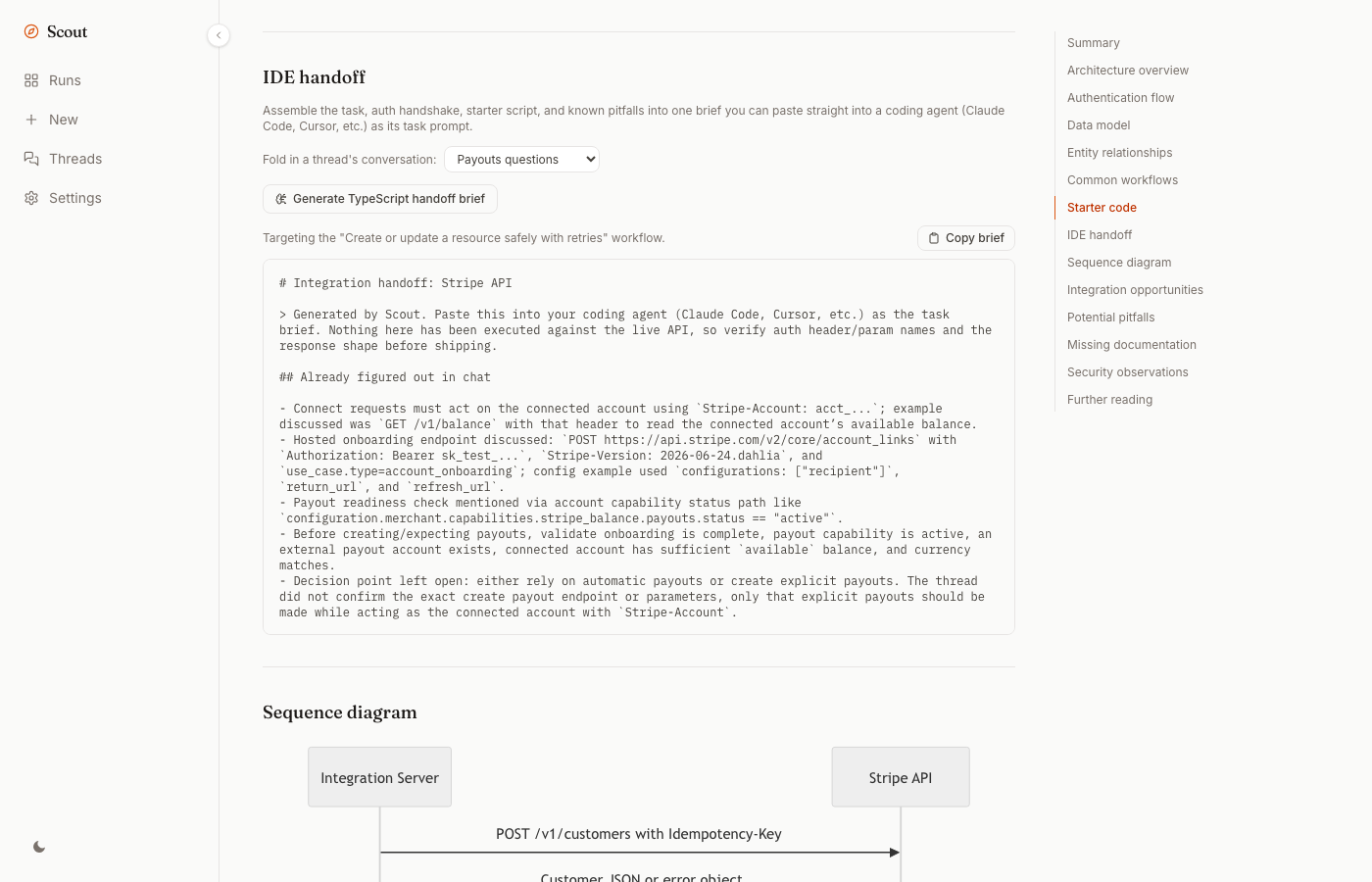 The IDE handoff section folding a real chat thread's findings into the brief before assembling it