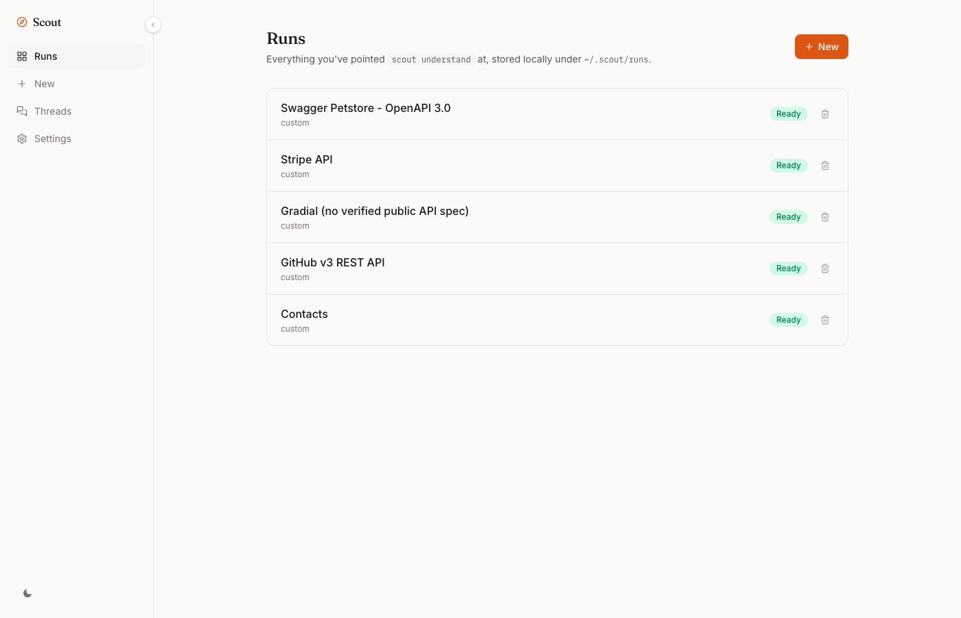 Scout's Runs list: every platform you've pointed it at, with a collapsible sidebar and the Threads tab