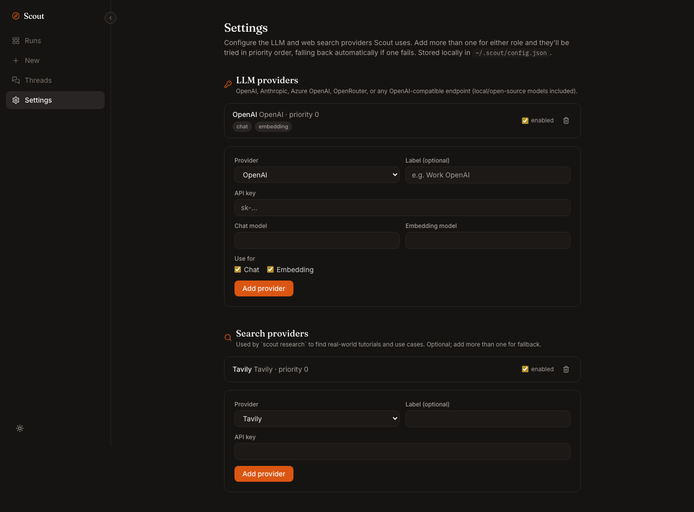 Settings page