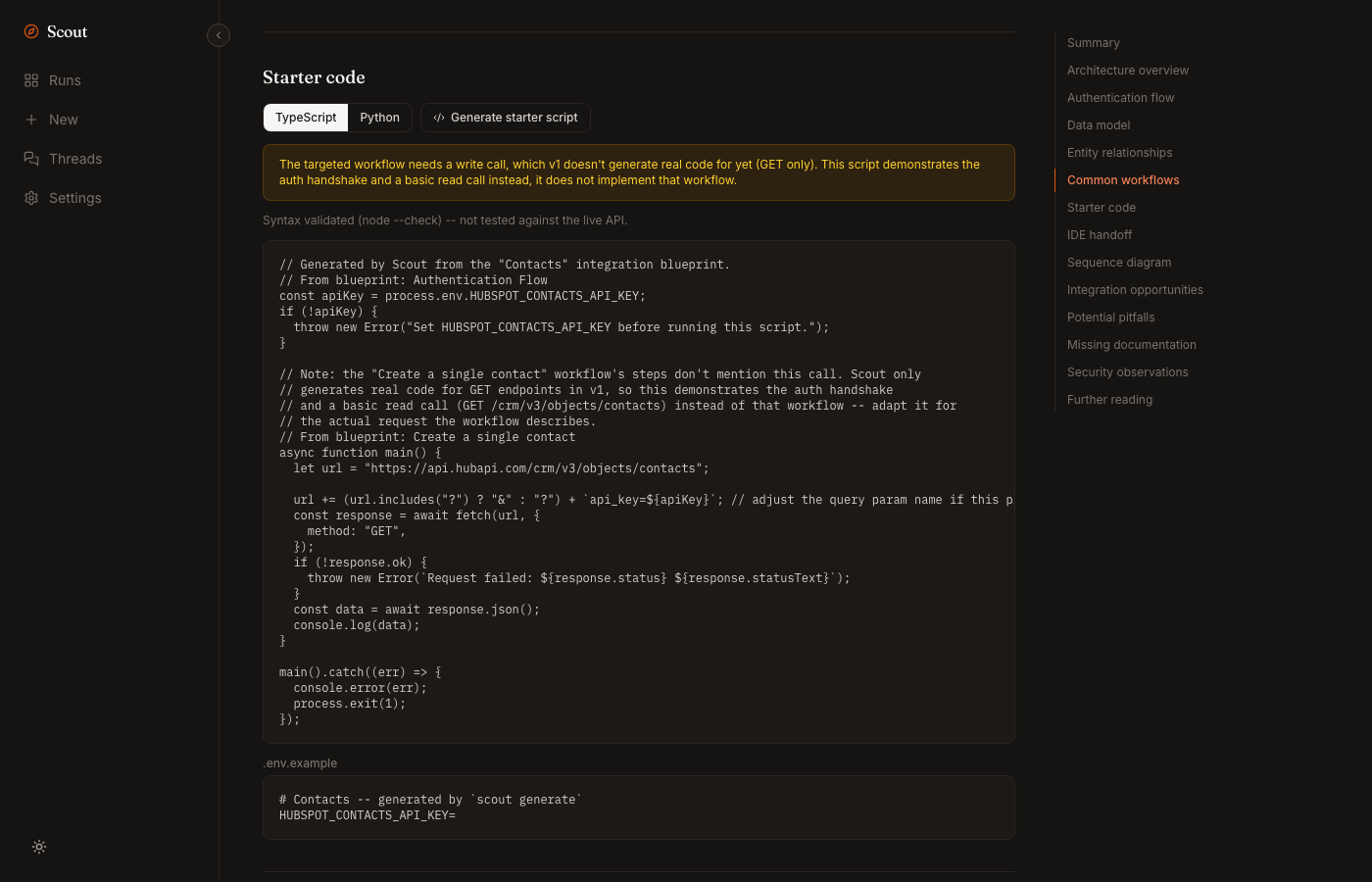 Scout refusing to fabricate write-call code, showing the real read-call skeleton and an explicit warning instead