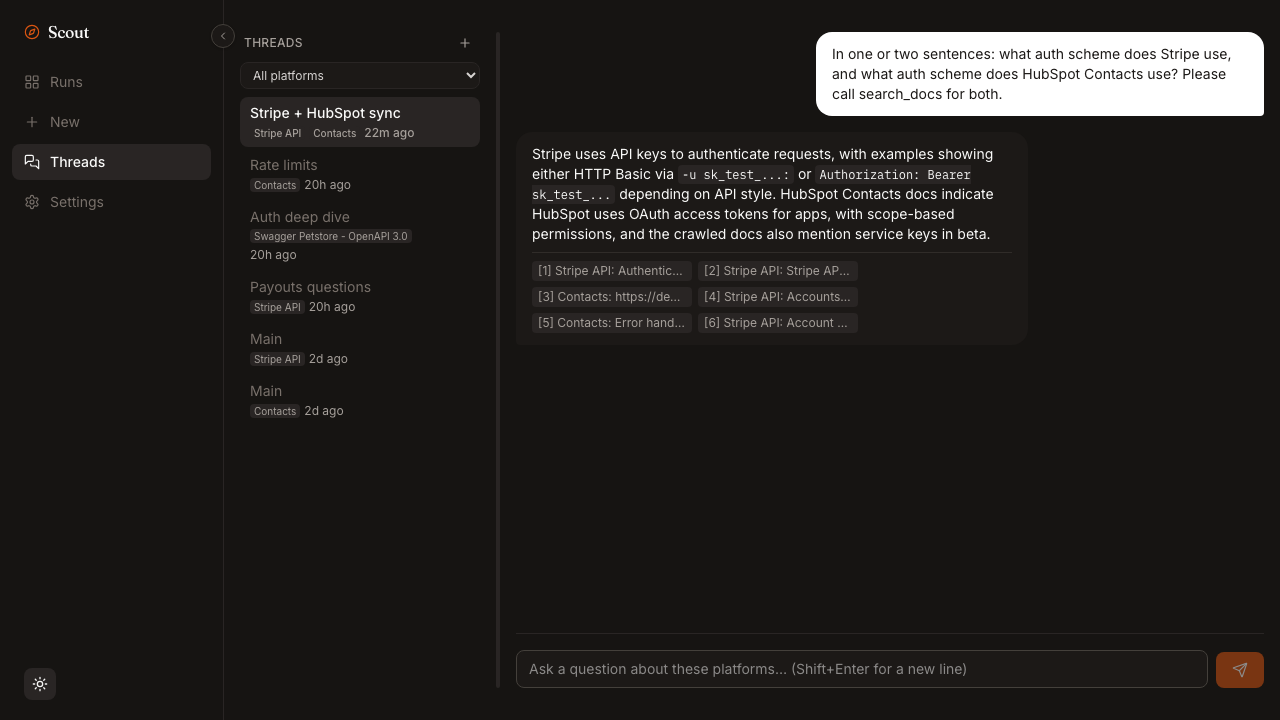 Scout's flattened Threads tab: a real thread spanning Stripe and HubSpot, dark mode